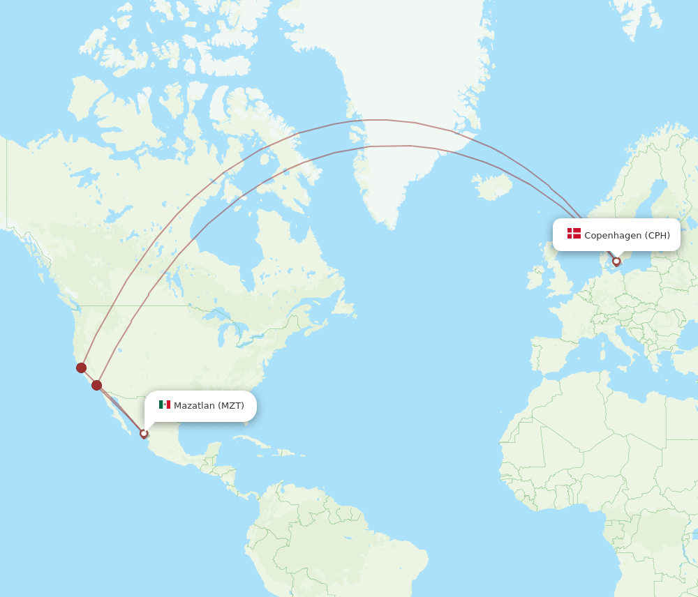 MZT to CPH flights and routes map