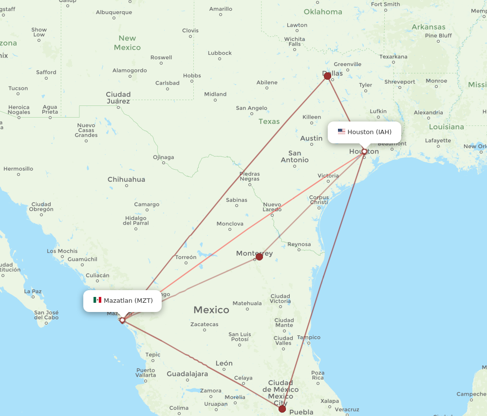 MZT to IAH flights and routes map