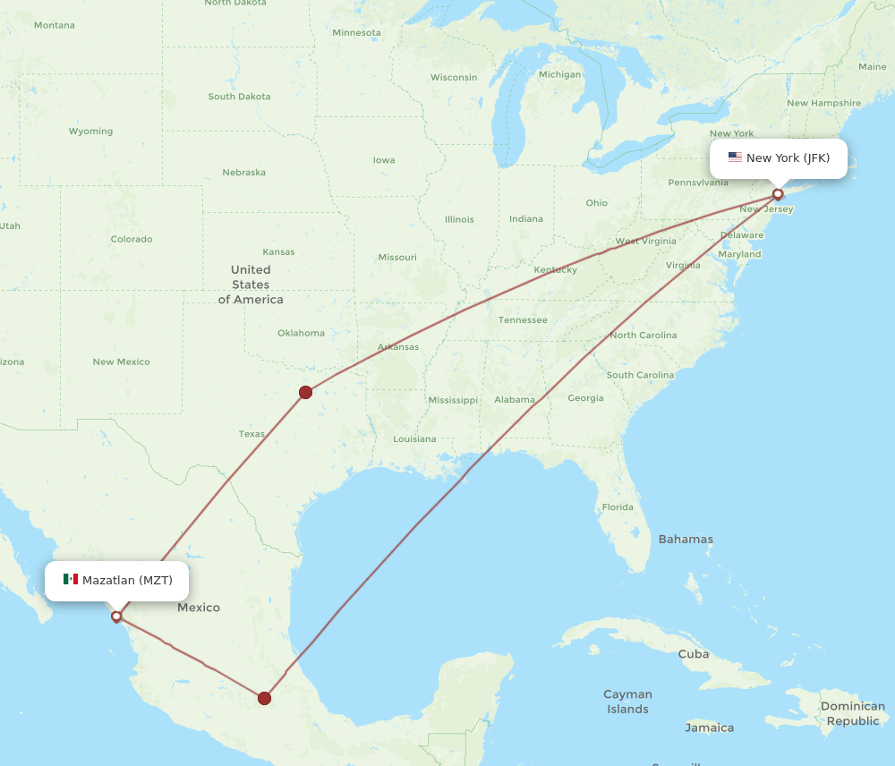 MZT-JFK flight routes