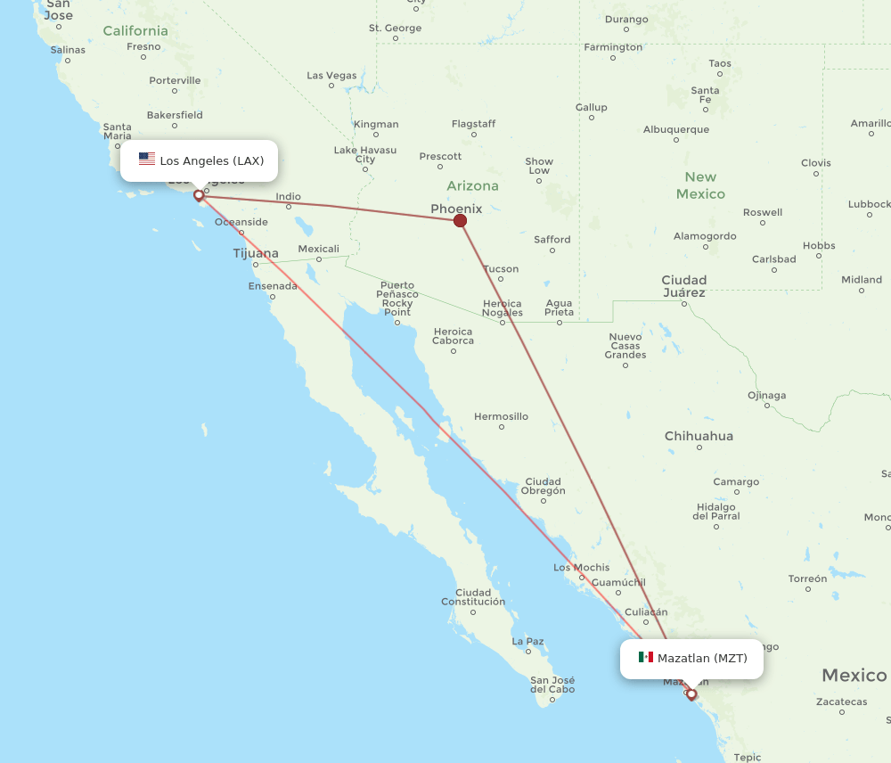 MZT to LAX flights and routes map