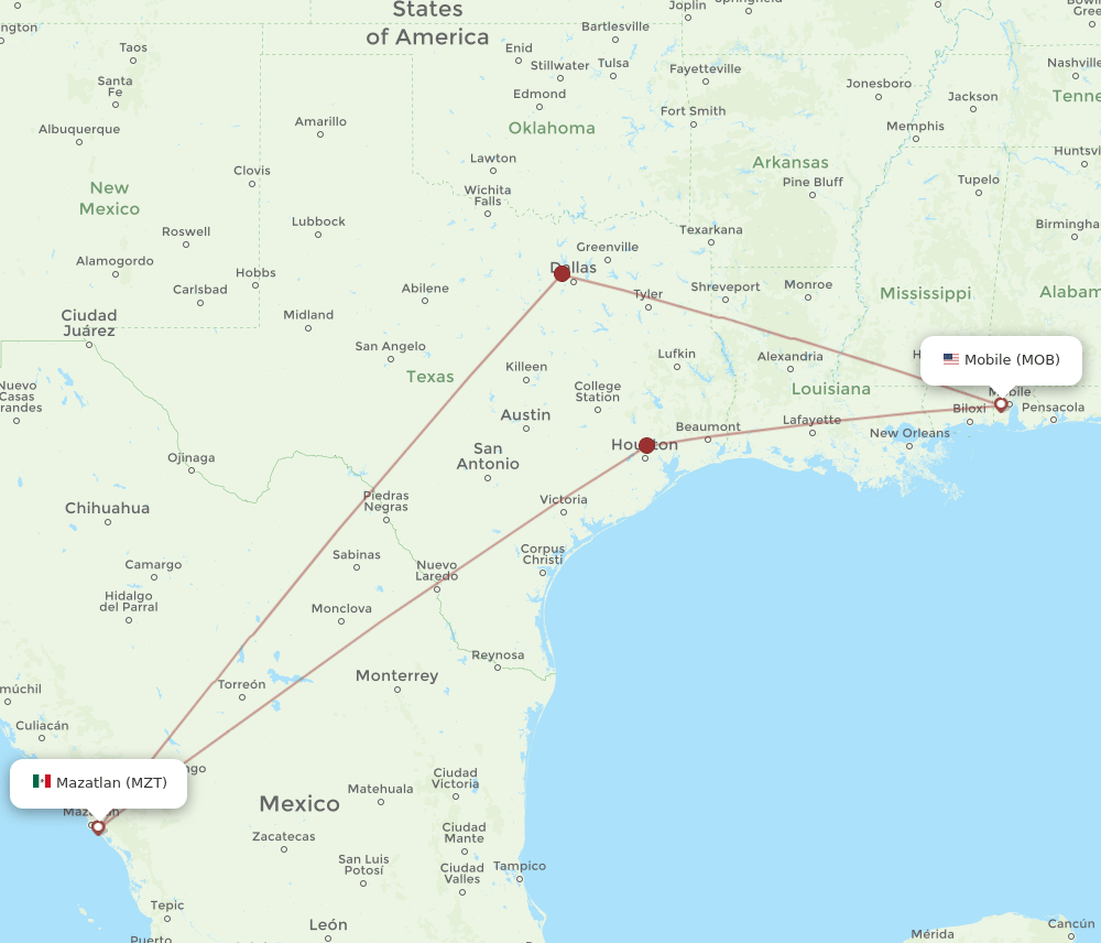 MZT to MOB flights and routes map