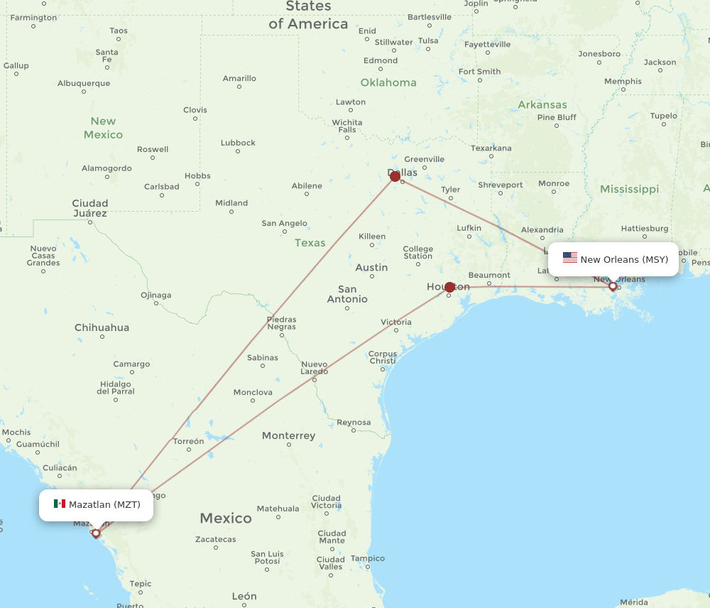 MZT to MSY flights and routes map