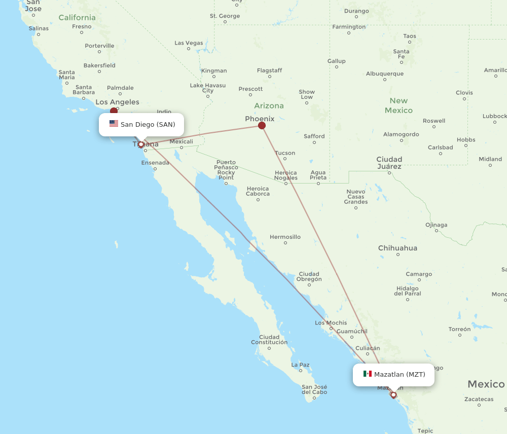 MZT to SAN flights and routes map