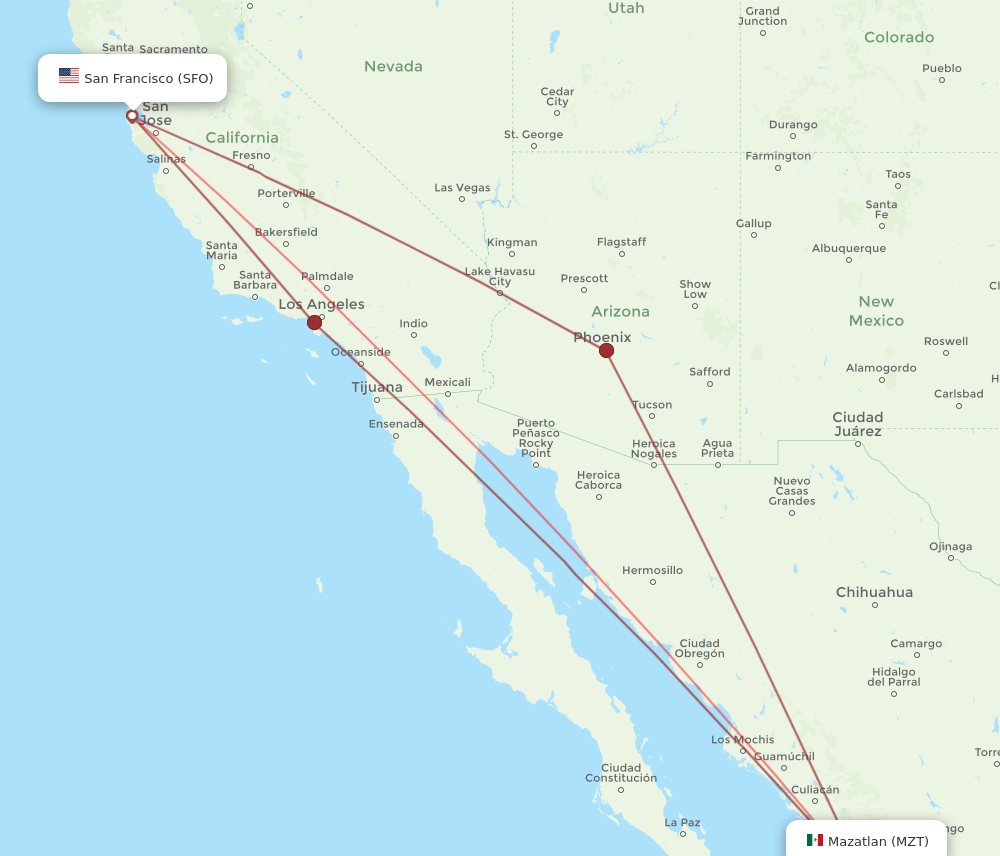 MZT to SFO flights and routes map