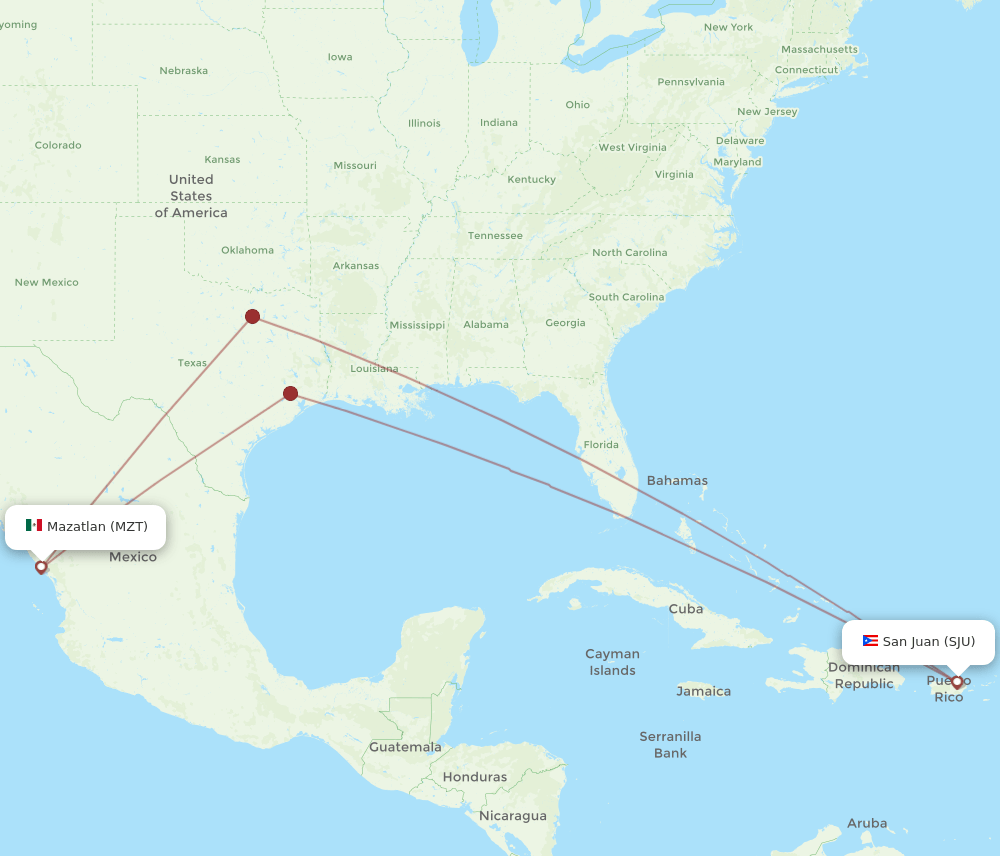 San Juan - Mazatlan route map and flight paths