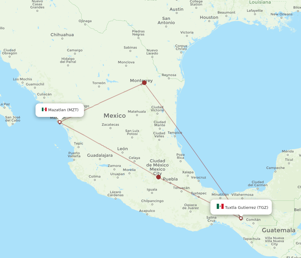 MZT to TGZ flights and routes map