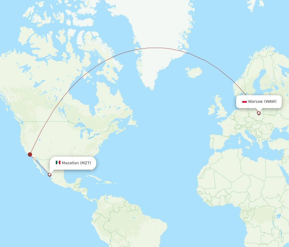 MZT to WAW flights and routes map