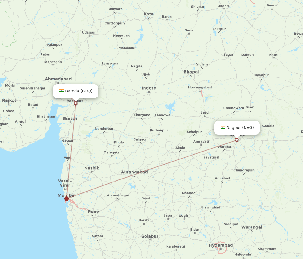 NAG to BDQ flights and routes map