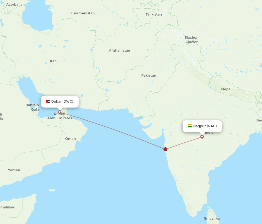 Nagpur - Dubai route map and flight paths