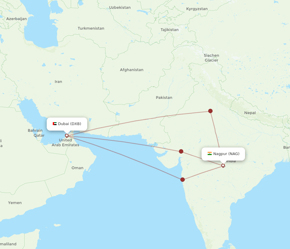 NAG to DXB flights and routes map