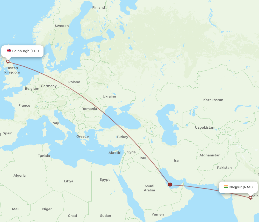 Edinburgh - Nagpur route map and flight paths