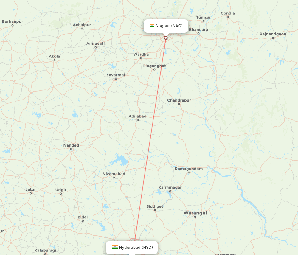 Nagpur - Hyderabad route map and flight paths