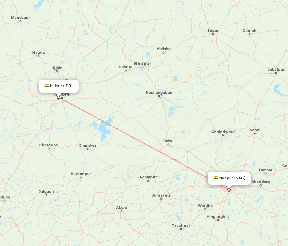 Nagpur - Indore route map and flight paths