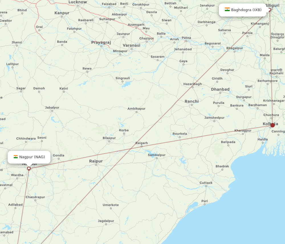 Nagpur - Bagdogra route map and flight paths
