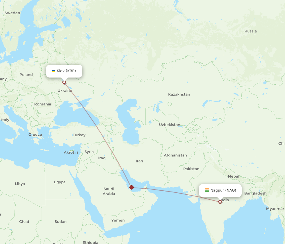 Nagpur - Kiev/Kyiv route map and flight paths