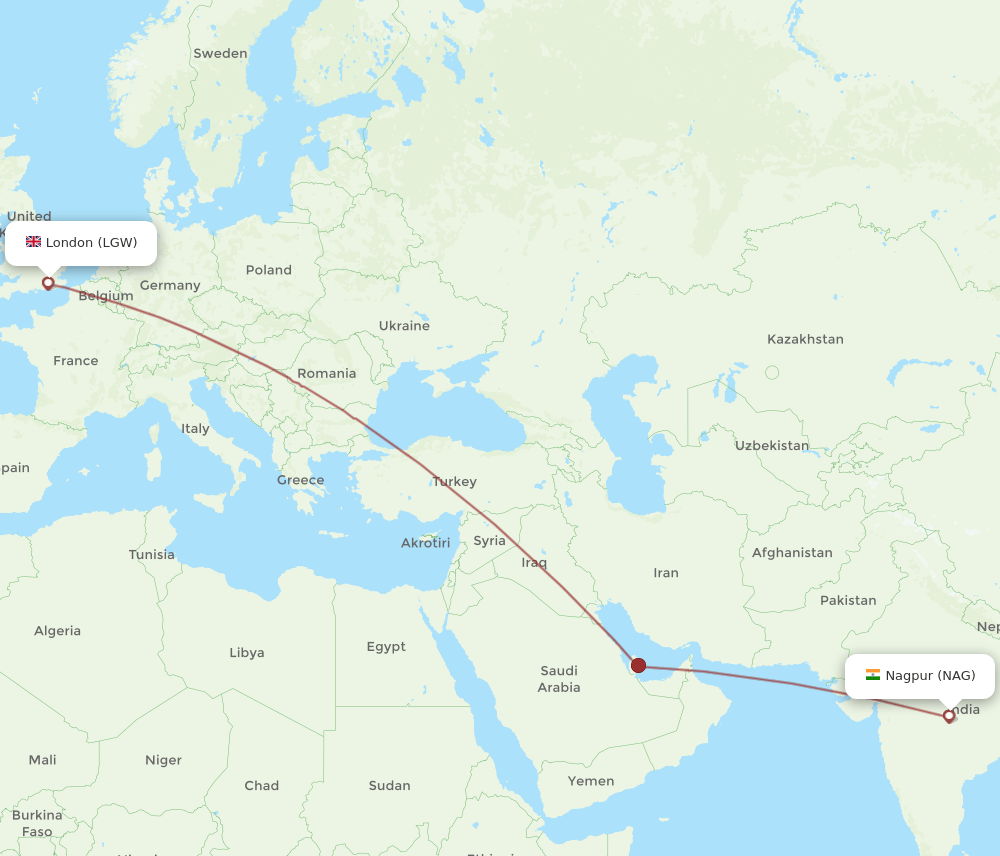 NAG-LGW flight routes