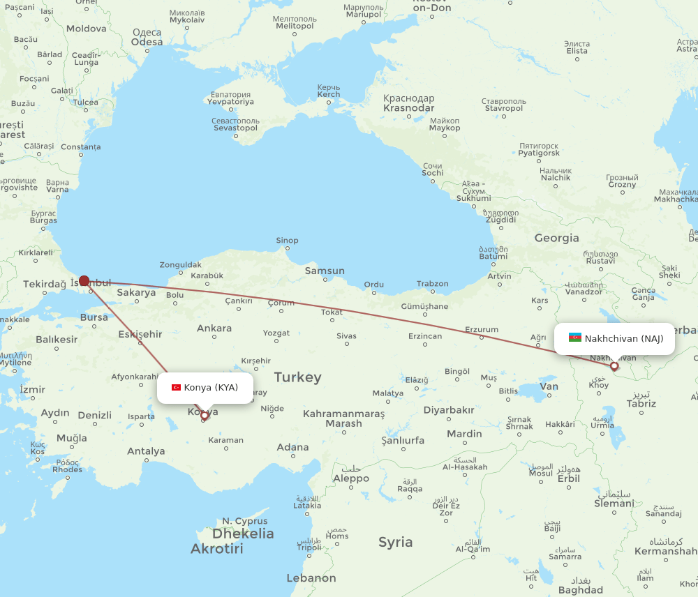 Nakhichevan - Konya route map and flight paths