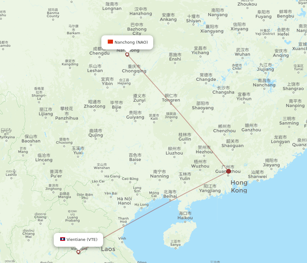 Vientiane - Nanchong route map and flight paths