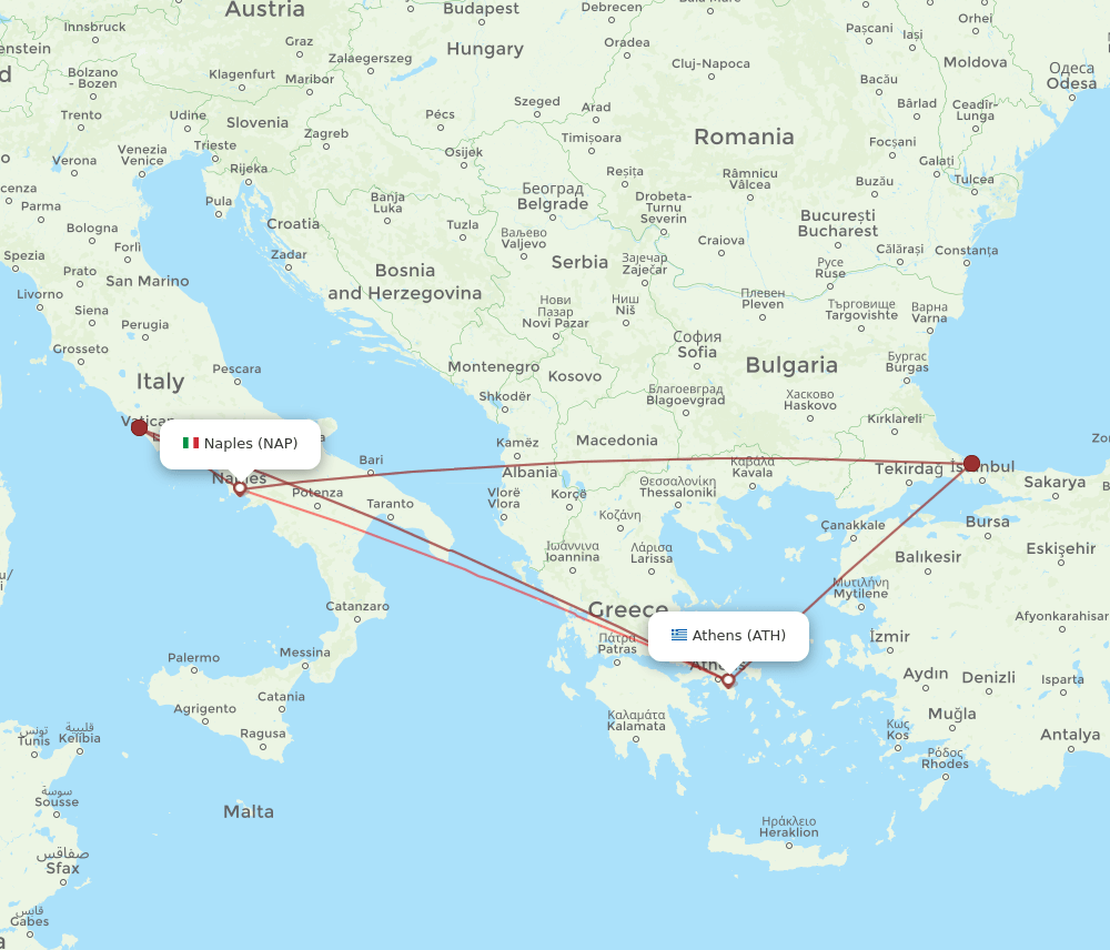 NAP to ATH flights and routes map