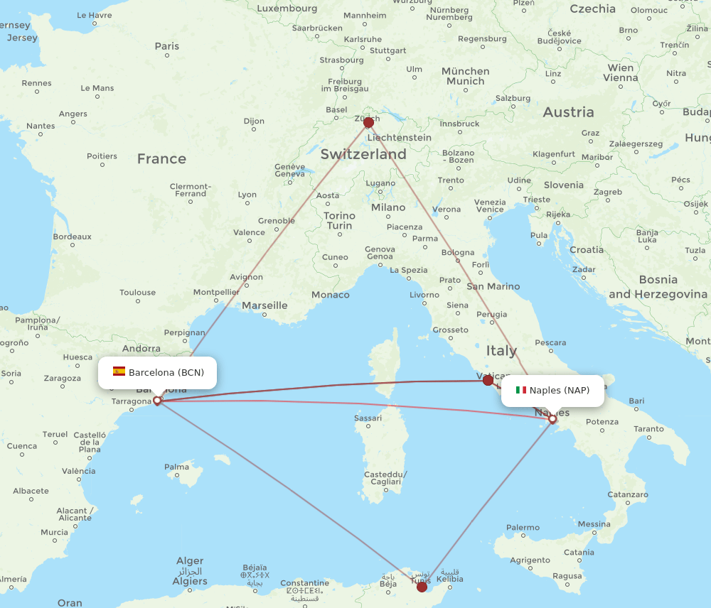 NAP to BCN flights and routes map