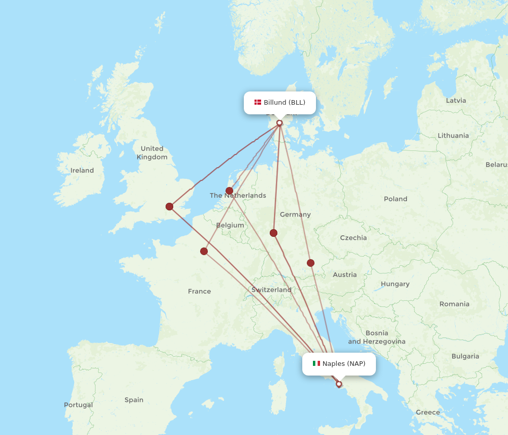 NAP to BLL flights and routes map