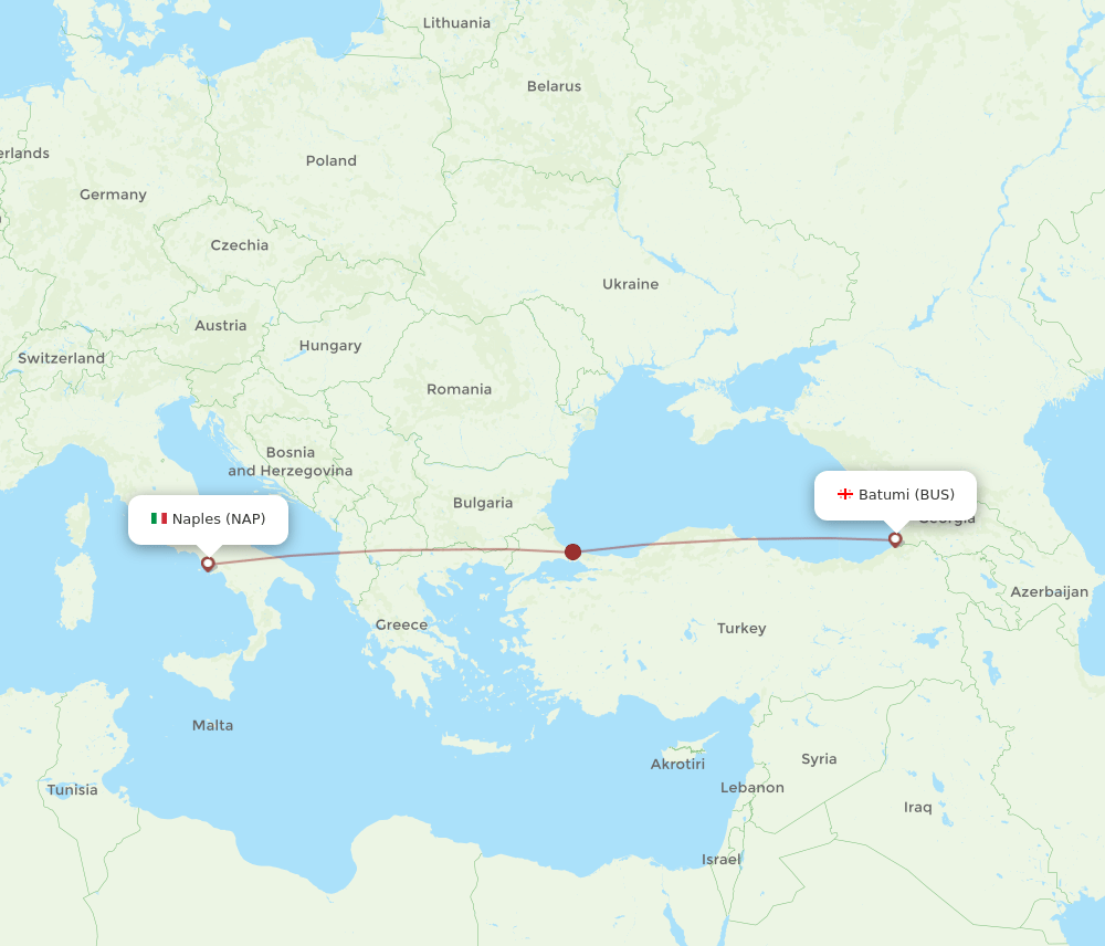 Batumi - Naples route map and flight paths