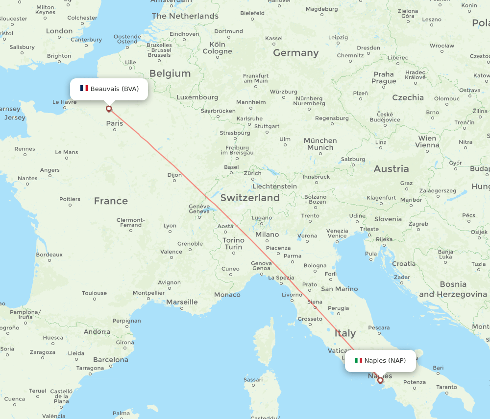 Naples - Paris route map and flight paths