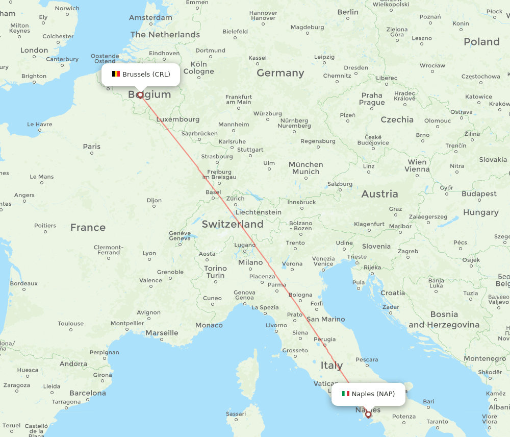 Naples - Brussels route map and flight paths