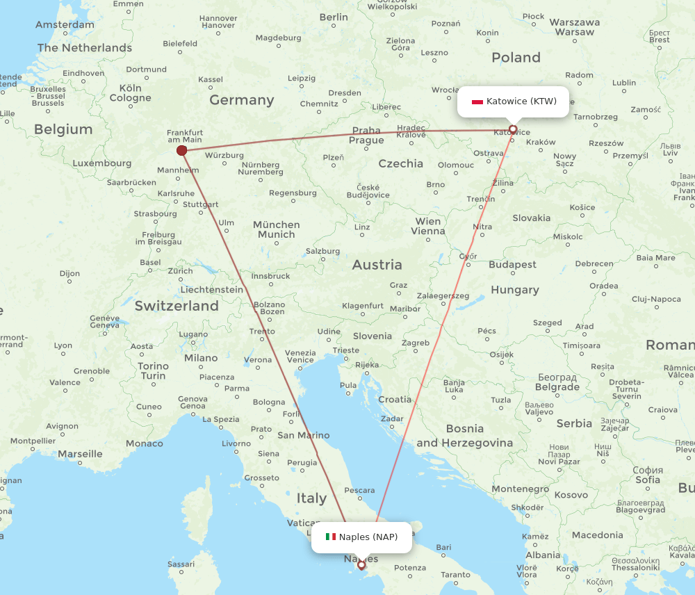 Naples - Katowice route map and flight paths