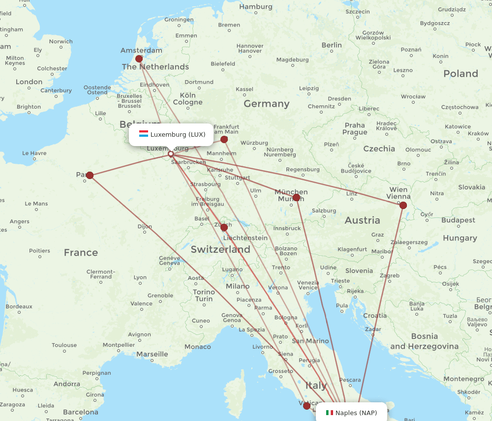 NAP to LUX flights and routes map