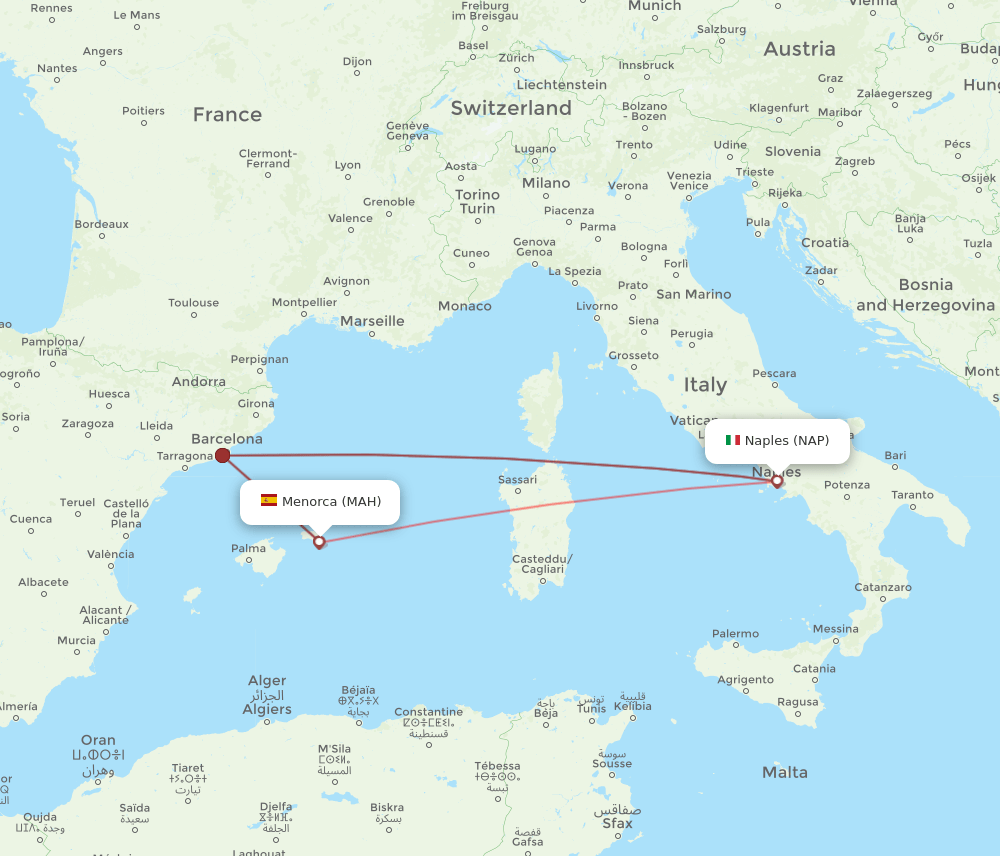 NAP to MAH flights and routes map