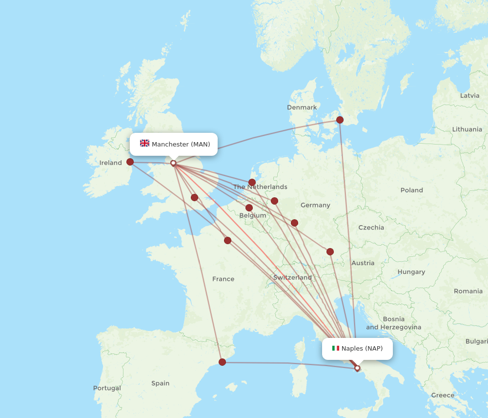 NAP to MAN flights and routes map