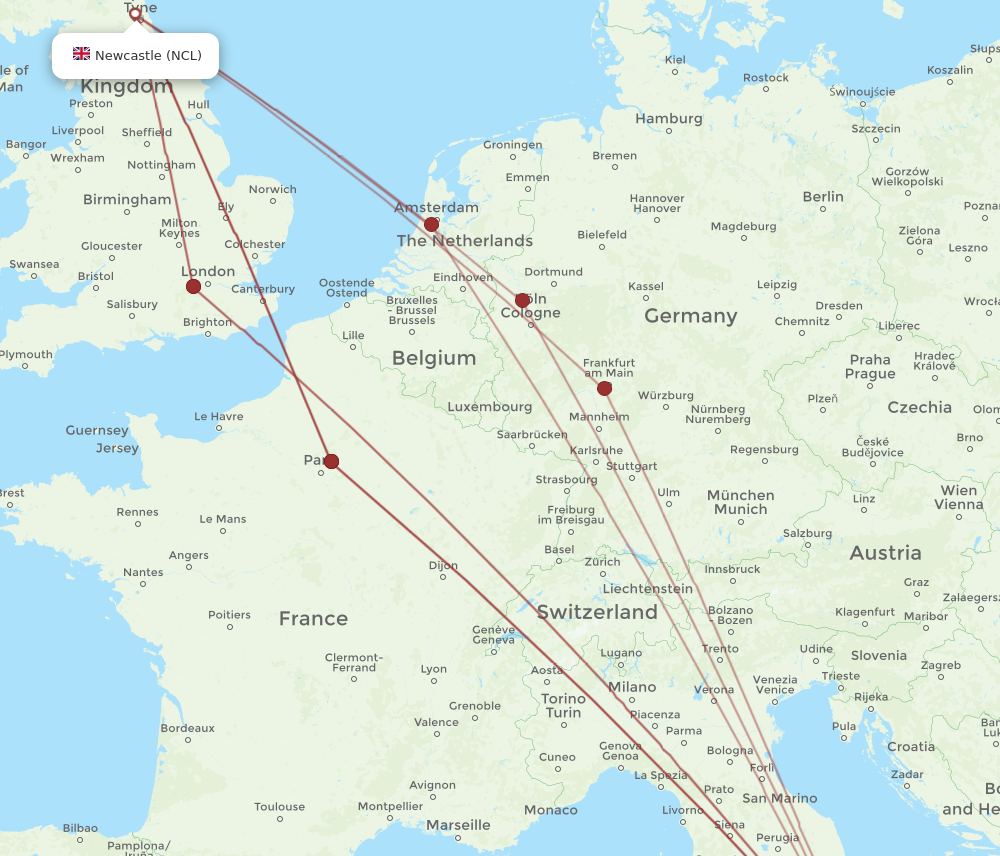 NAP to NCL flights and routes map