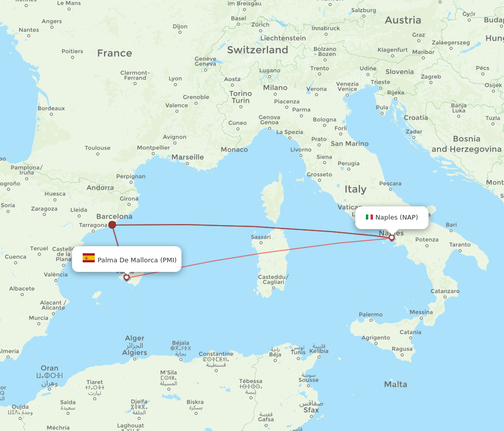 NAP to PMI flights and routes map