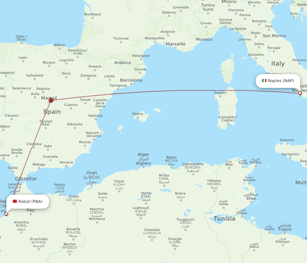Naples - Rabat route map and flight paths