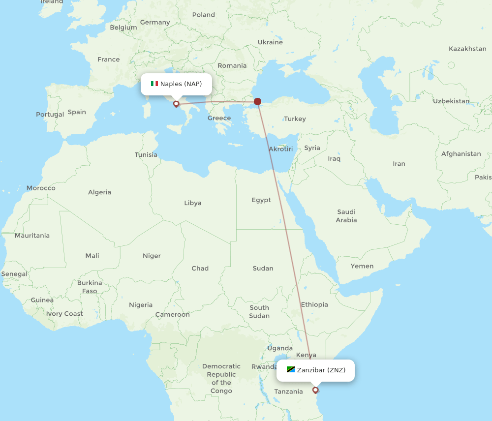 Zanzibar - Naples route map and flight paths
