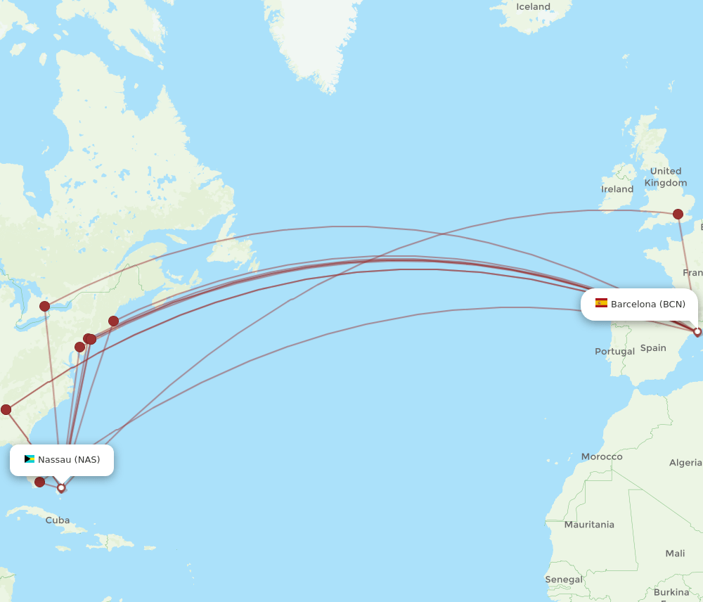 NAS to BCN flights and routes map
