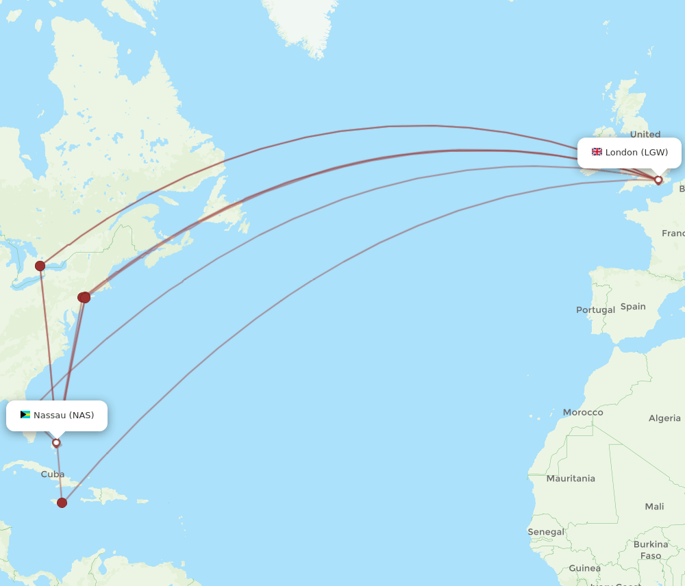 NAS to LGW flights and routes map