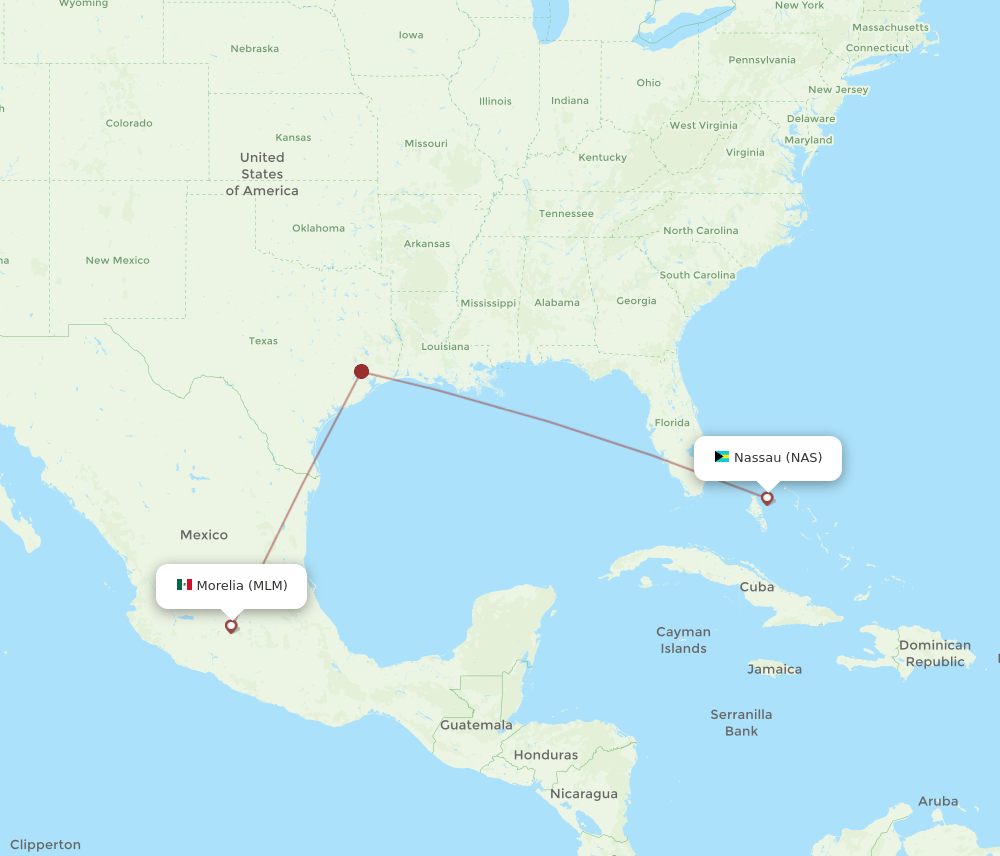 Morelia - Nassau route map and flight paths