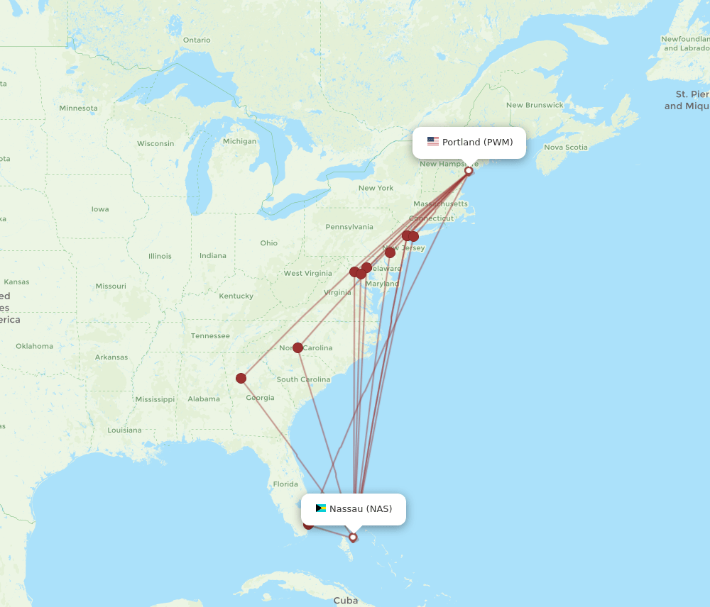 NAS to PWM flights and routes map