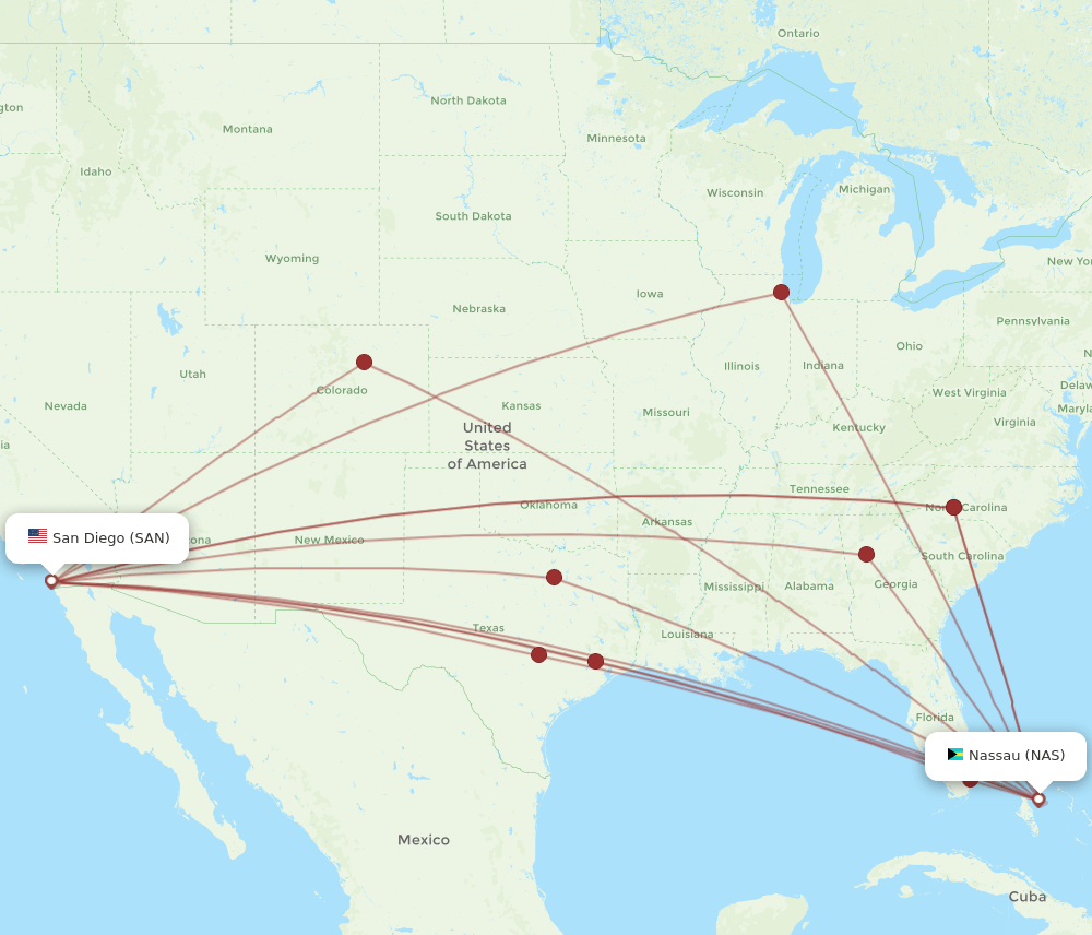 NAS to SAN flights and routes map
