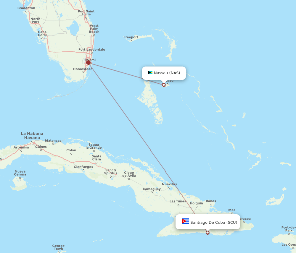Santiago - Nassau route map and flight paths