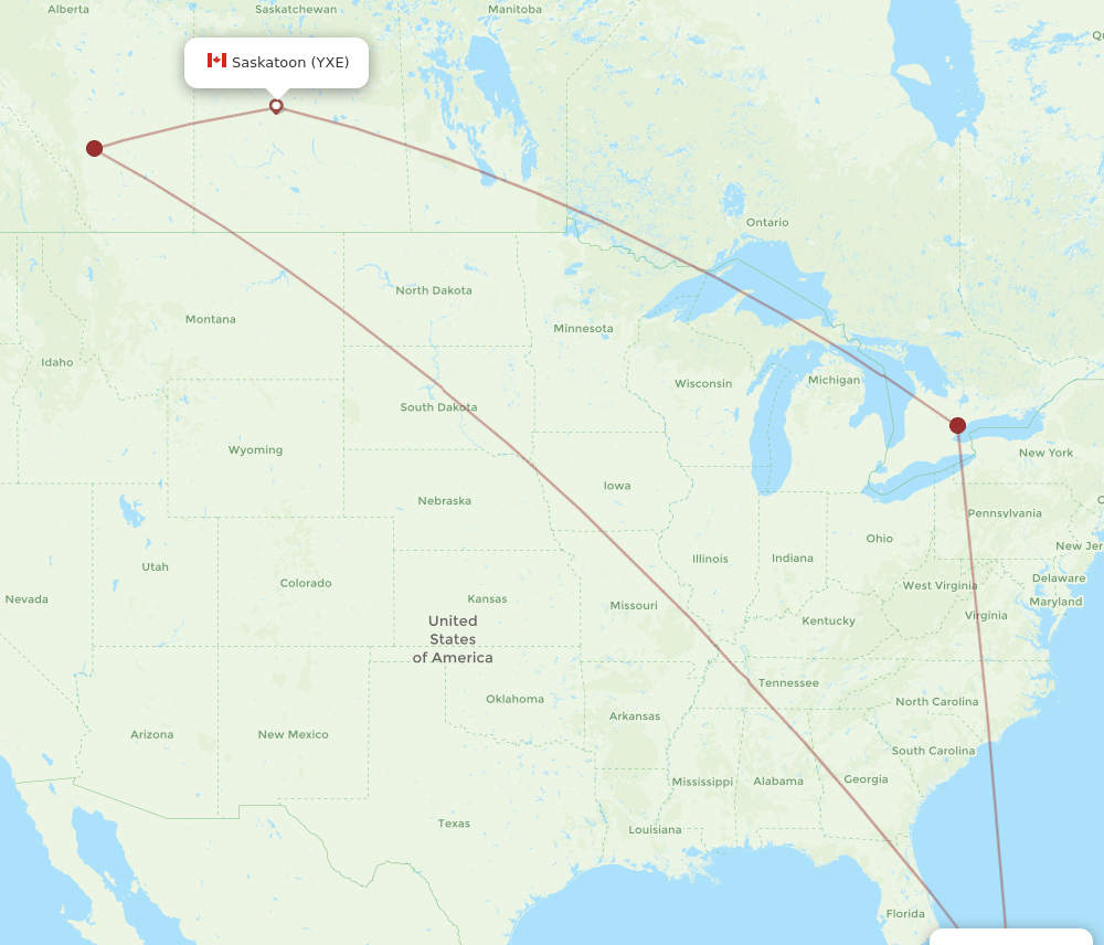 Saskatoon - Nassau route map and flight paths