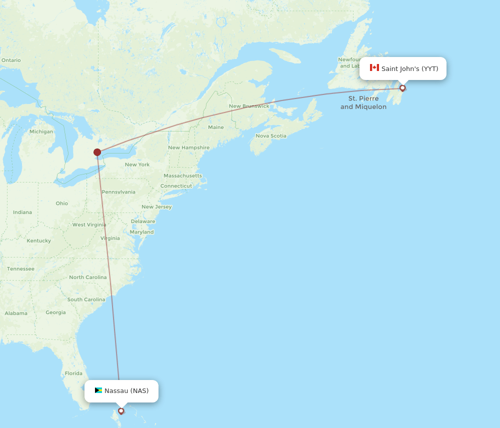 St. John's - Nassau route map and flight paths