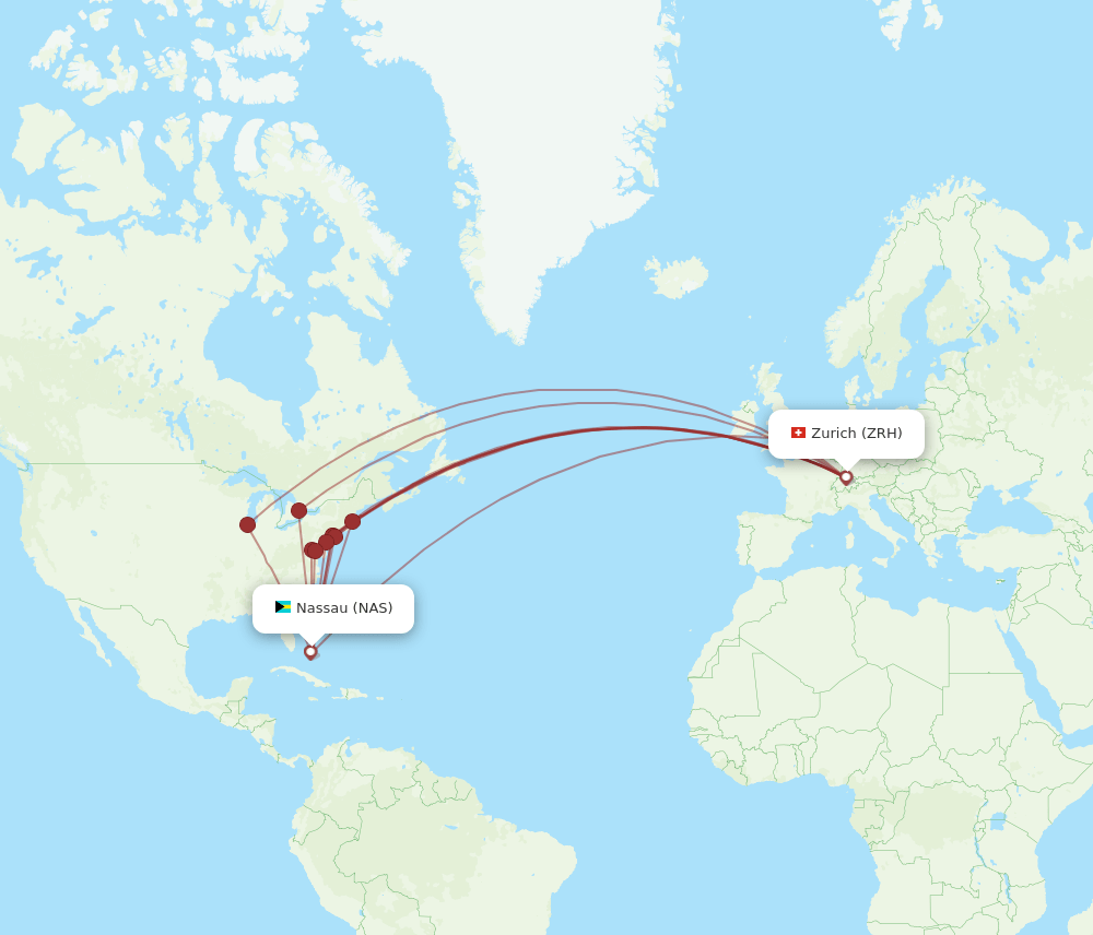 Zurich - Nassau route map and flight paths