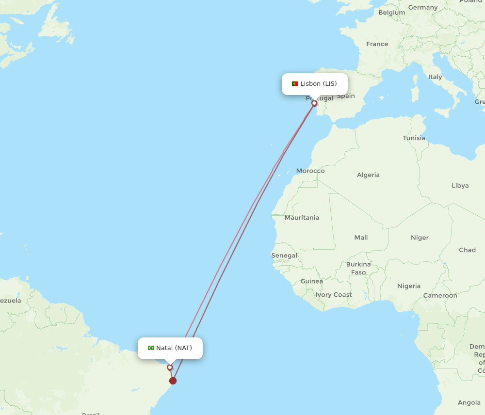 Natal - Lisbon route map and flight paths