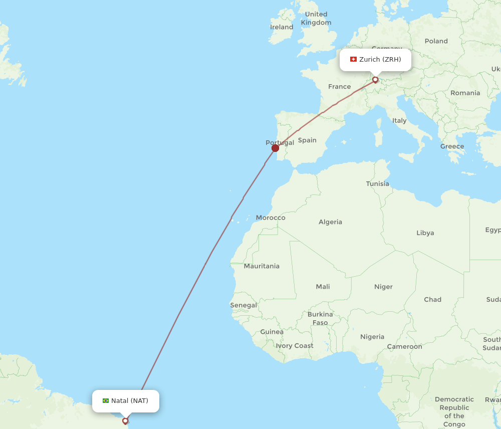 Zurich - Natal route map and flight paths