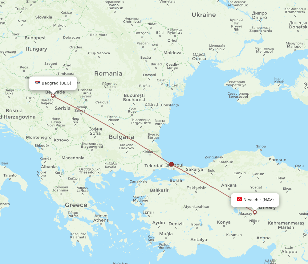 NAV to BEG flights and routes map