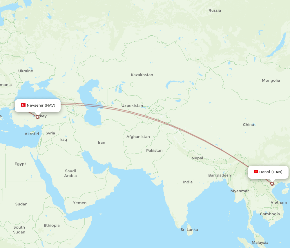 NAV to HAN flights and routes map
