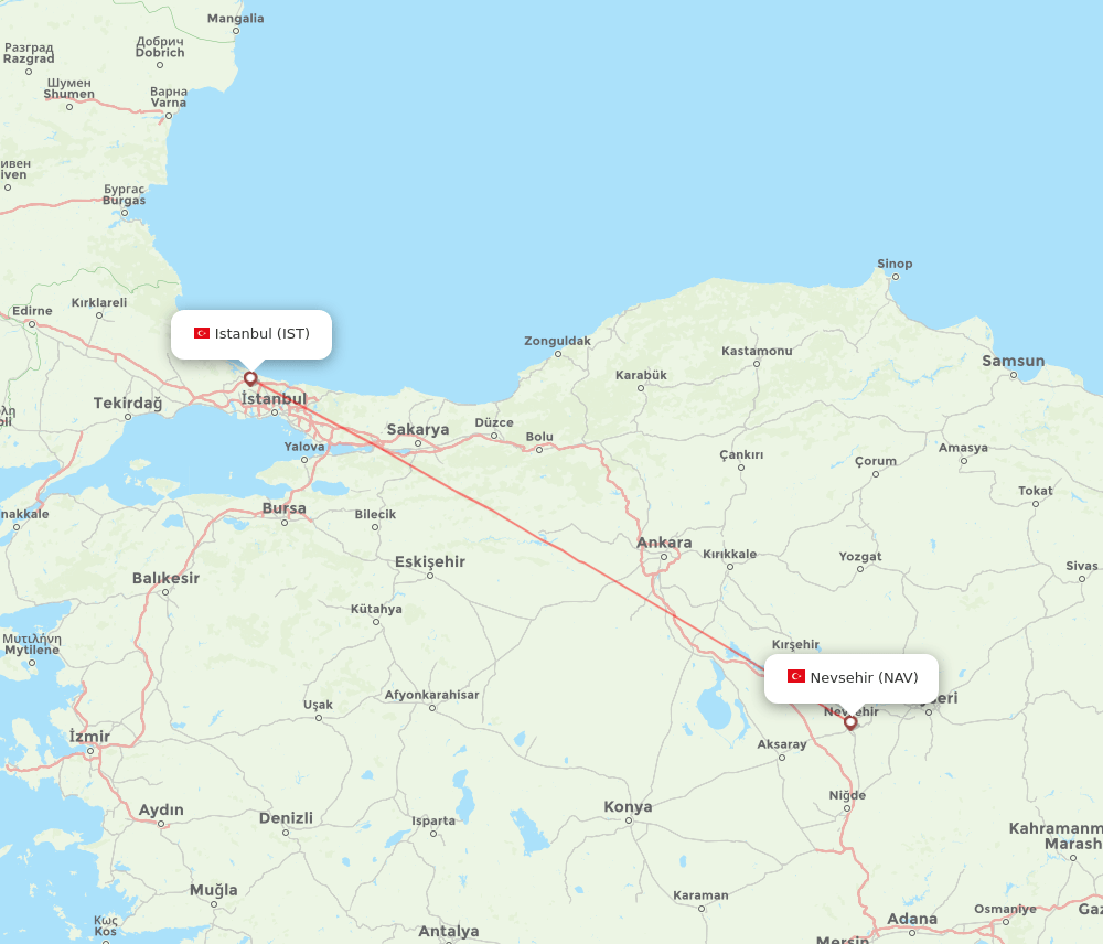 Nevsehir - Istanbul route map and flight paths